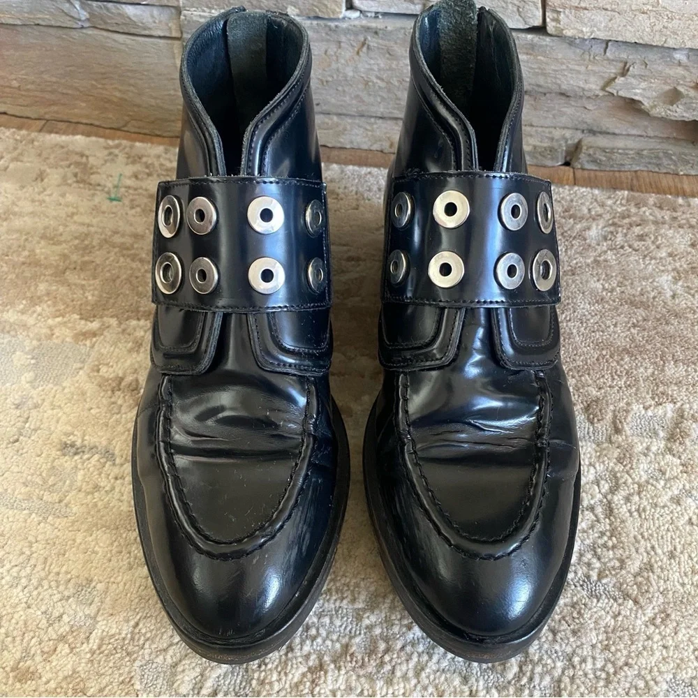 Sandro Black Leather Ankle Boots Booties Moto Stud Heeled Lug Sole Chunky: 37